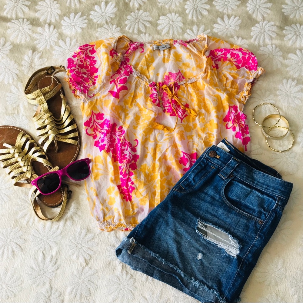 BOHO chic Pink & Yellow Peasant Top with Tassels